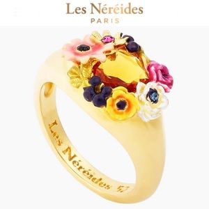 LES NEREIDES Little Garden Poppy Flower and Faceted Glass Stone COCKTAIL RING!